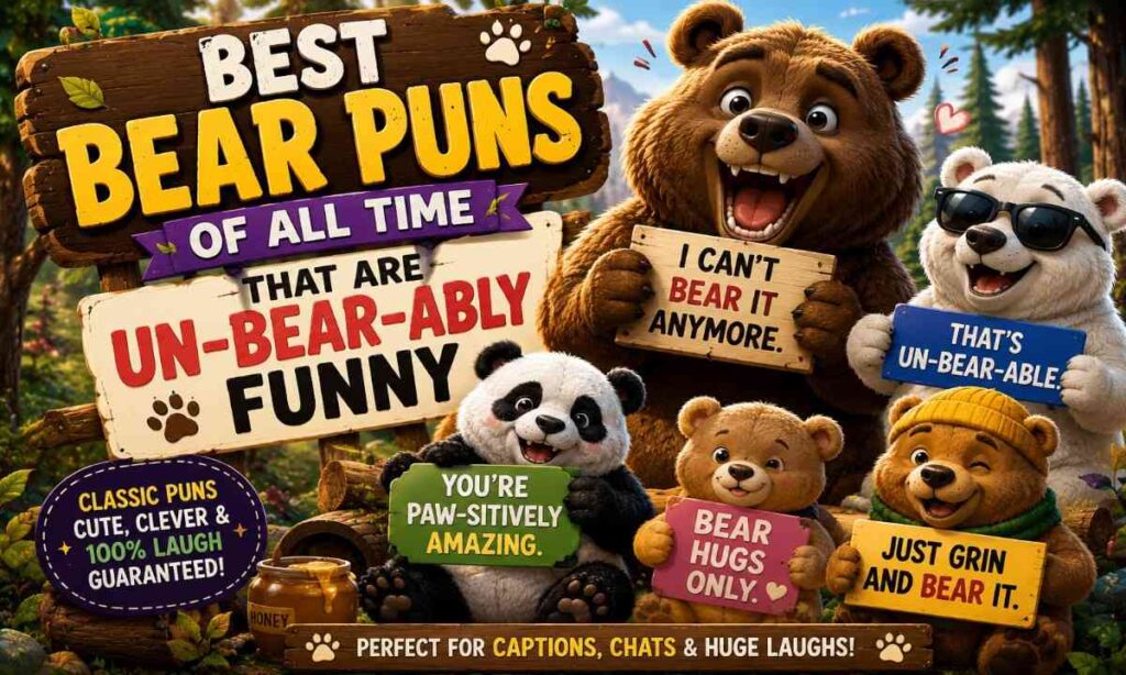 Best bear puns blog image with funny cartoon grizzly, panda, polar, and teddy bears holding hilarious pun signs in a colorful forest scene