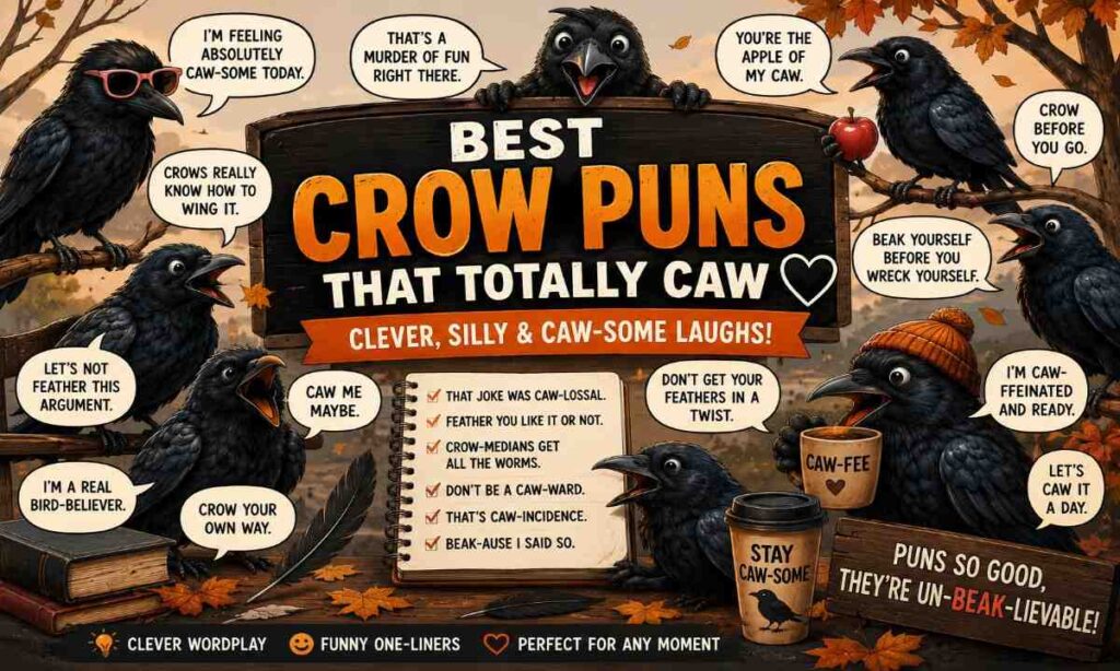 Funny cartoon crows sharing clever crow puns and one-liners in an autumn setting with humorous speech bubbles and playful bird reactions.