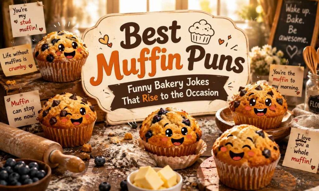Funny muffin puns bakery scene with fresh blueberry and chocolate muffins on a rustic breakfast table