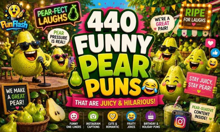 Funny animated pears laughing, dancing, and performing comedy for a featured image about funny pear puns, fruit jokes, and Instagram captions.