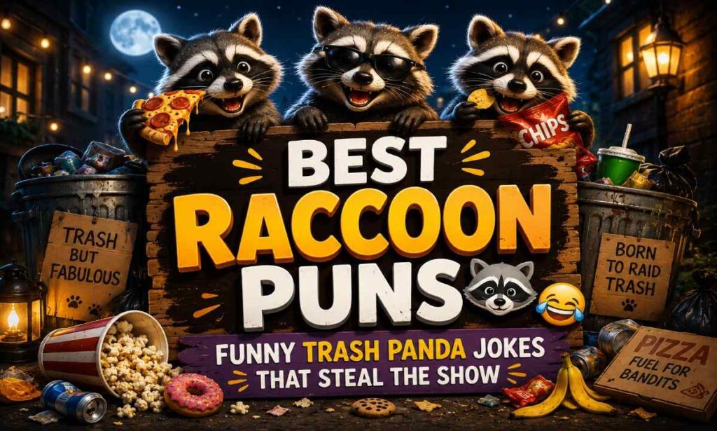Funny cartoon raccoon gang sitting on trash cans with best raccoon puns text and colorful trash panda humor background