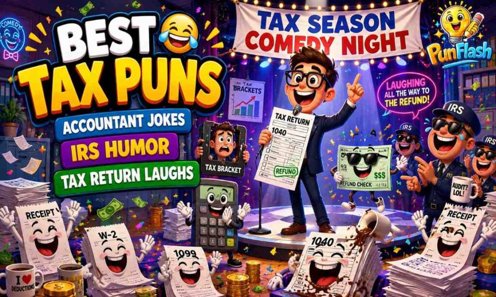 Funny tax puns illustration featuring a laughing accountant, giant tax return form, IRS paperwork, and tax season humor in a colorful cartoon office.