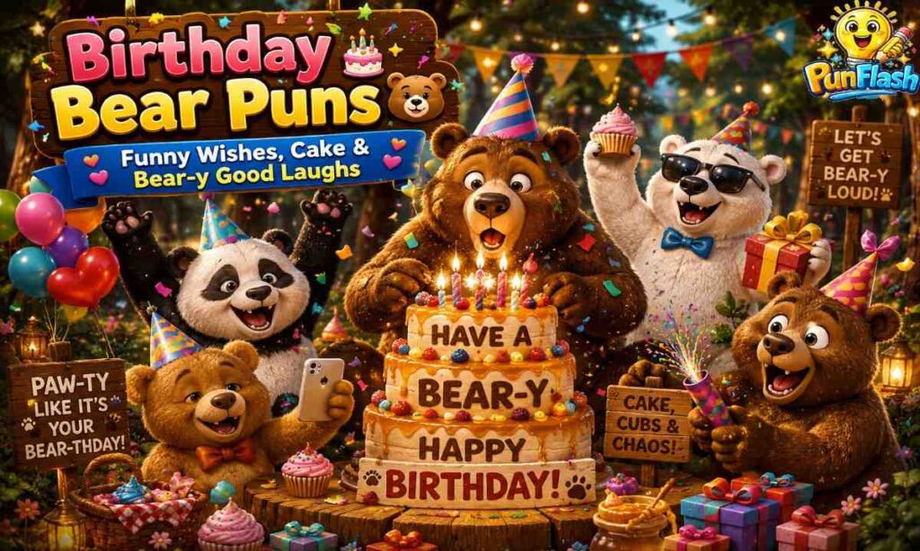 Funny birthday bear puns image with cartoon bears celebrating a colorful birthday party in the forest
