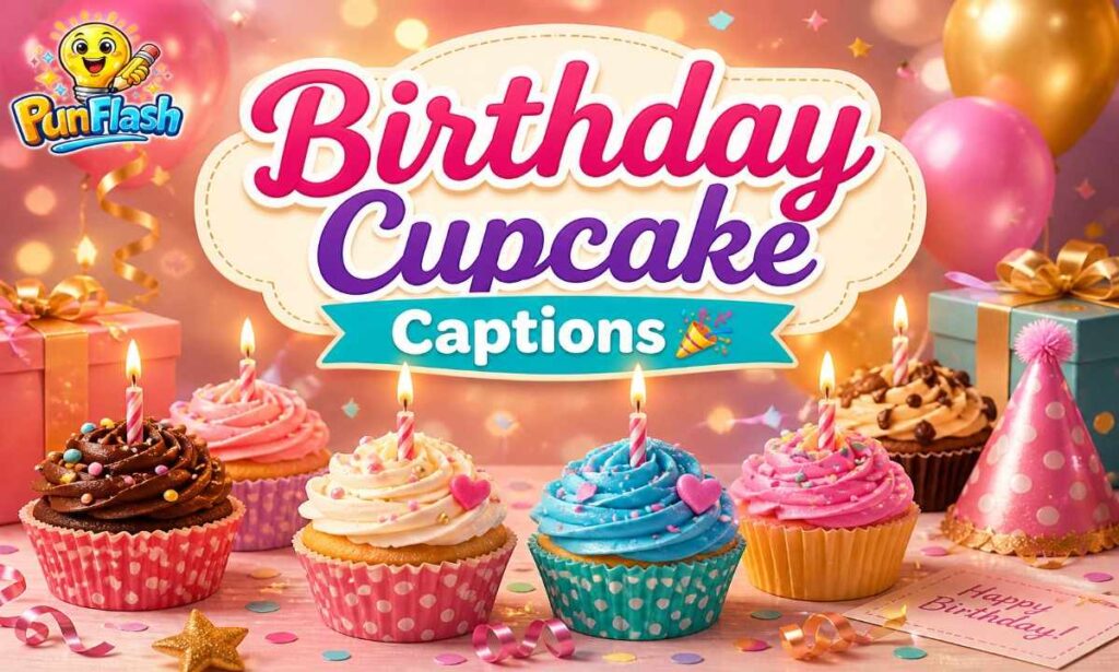 Birthday cupcake captions and puns illustration with festive cupcakes candles and celebration theme