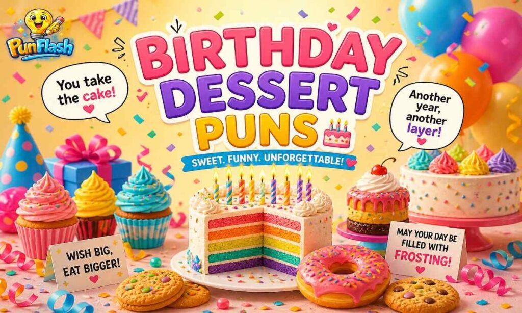 birthday dessert puns with cake, cupcakes, and candles for funny captions and party ideas