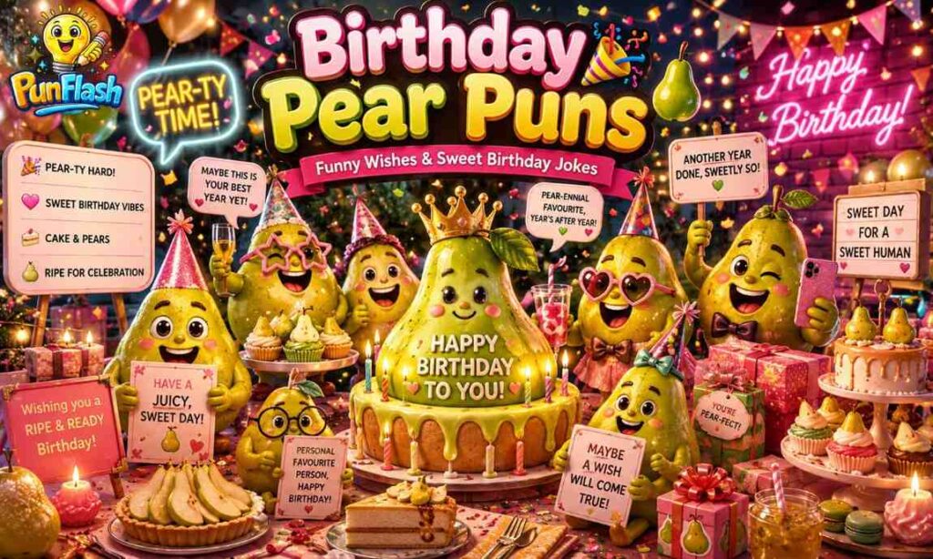 Animated pears celebrating a birthday party with cake, balloons, and gifts for a blog about birthday pear puns, funny wishes, and sweet fruit jokes.