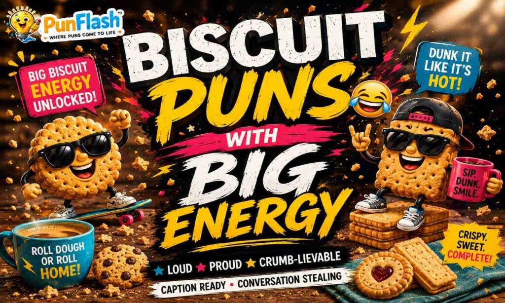 Funny biscuit puns big energy image with snack humor biscuit characters tea mug and food comedy theme