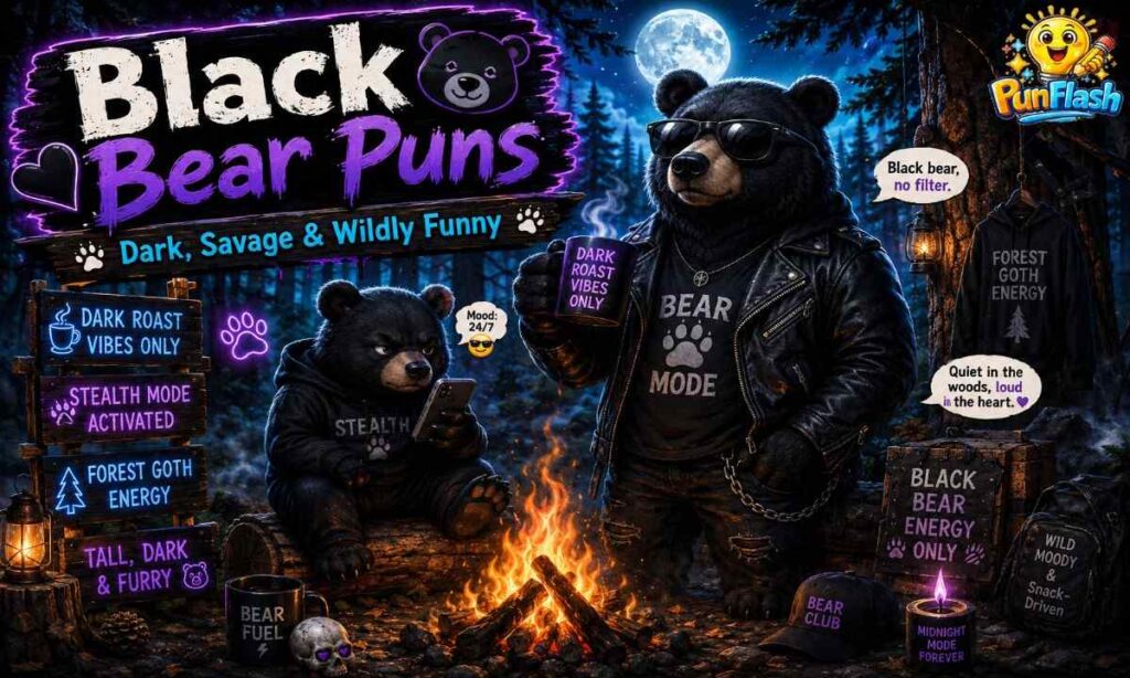 Funny black bear cartoon in moody forest with dark humor puns