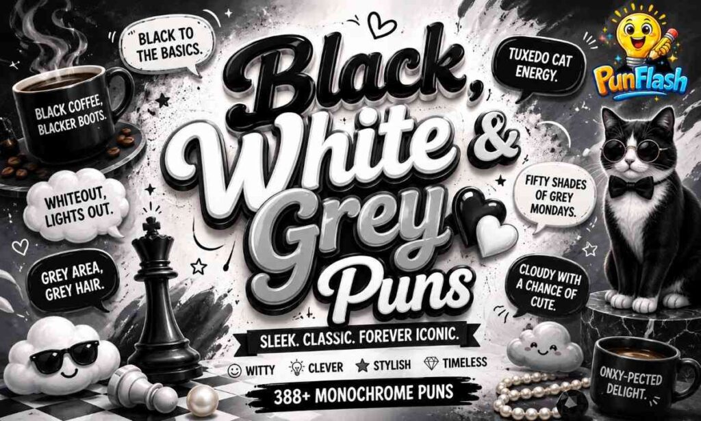 Black, white, and grey colour puns featured image with monochrome typography, smoky grey effects, black coffee elements, marble textures, and aesthetic social media design.