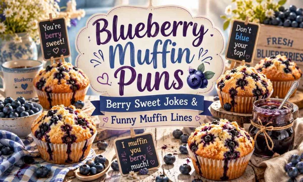 Fresh blueberry muffins with juicy blueberries on a rustic bakery table for funny blueberry muffin puns