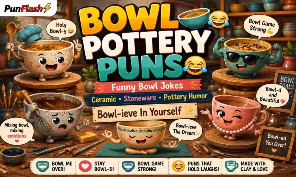 Funny bowl pottery puns illustration with ceramic bowls pottery humor stoneware bowl jokes and pottery captions