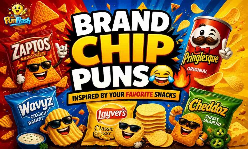 Brand chip puns illustration inspired by popular snacks with colorful chip styles and funny captions design