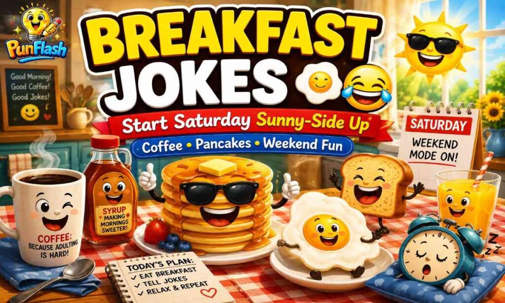 Funny Saturday breakfast jokes cartoon image with pancakes coffee and happy weekend morning vibe