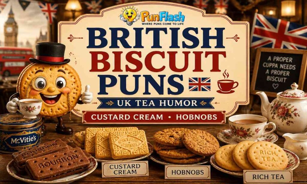 British biscuit puns with UK tea humor Hobnobs Custard Cream Rich Tea and biscuit jokes