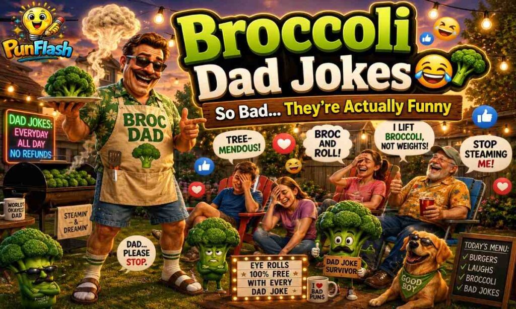 Funny dad telling cheesy broccoli dad jokes at a backyard barbecue with cartoon vegetables and family comedy reactions
