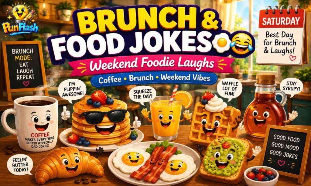 Funny brunch and food jokes cartoon image with pancakes coffee and weekend foodie humor