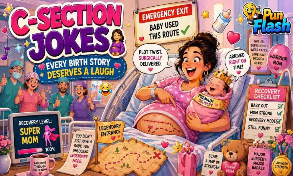 C section jokes image showing a smiling new mom after cesarean delivery holding her newborn baby with funny maternity humor and recovery jokes