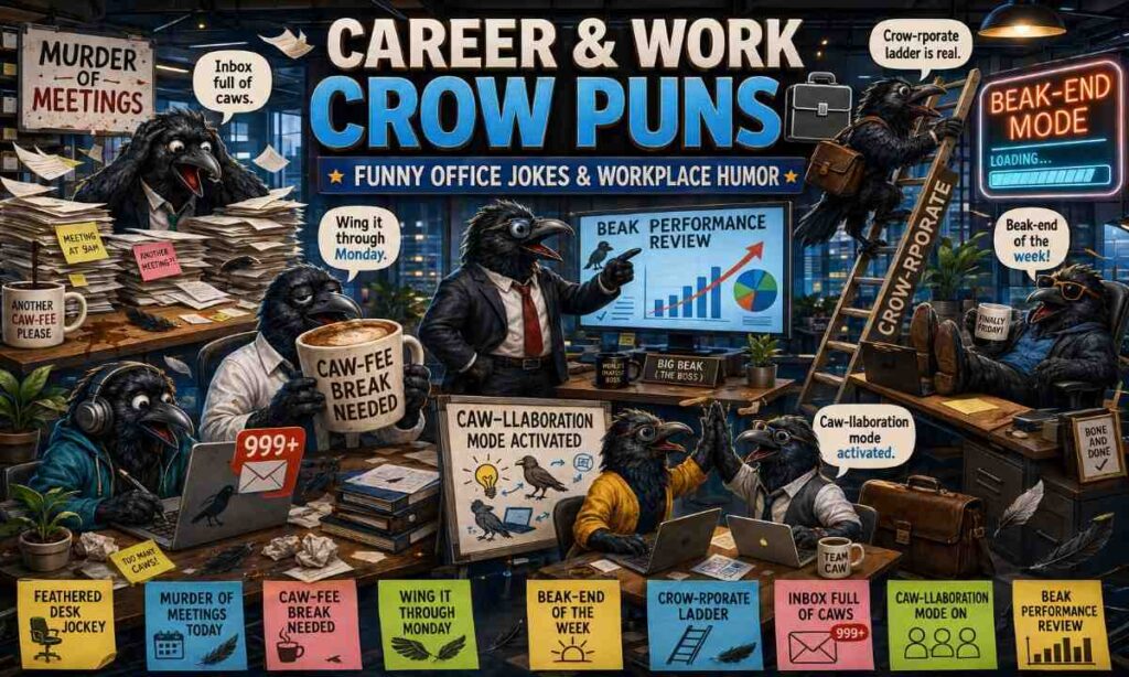 Funny black crows working in a chaotic office with coffee, meetings, and workplace jokes for a career and work crow puns blog section.