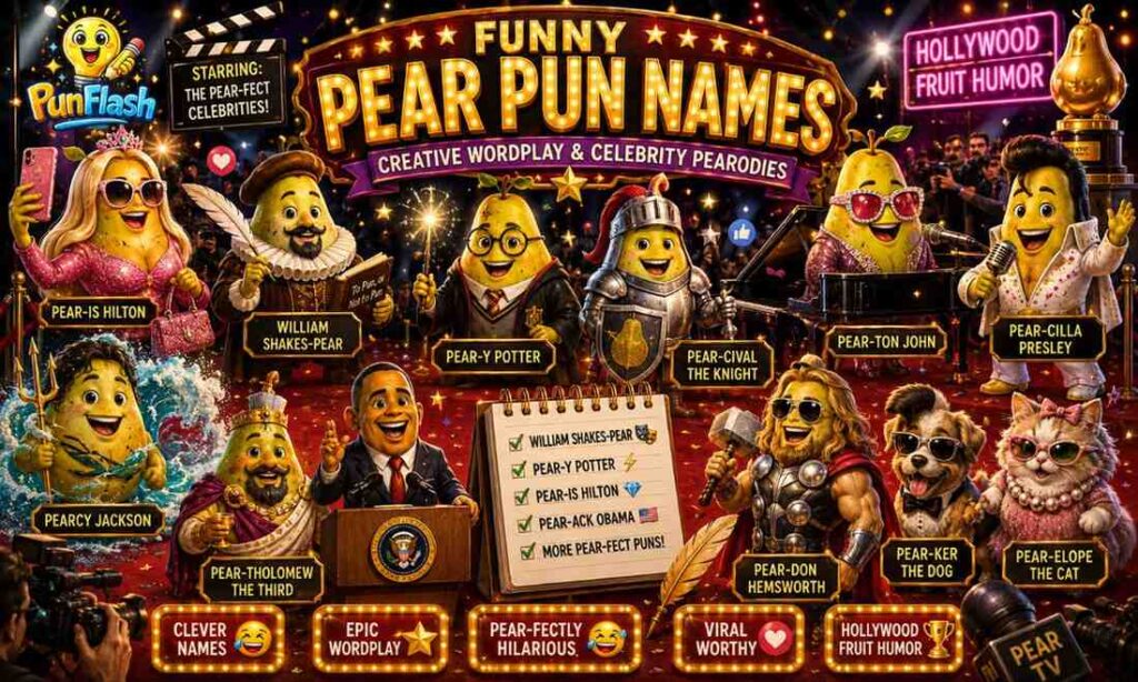 Animated celebrity-style pears on a Hollywood red carpet for a blog about funny pear pun names, creative wordplay, and pop culture fruit jokes