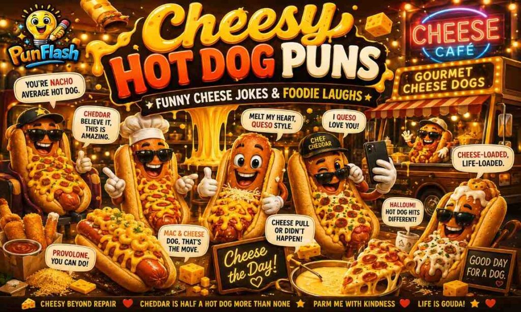 cheesy hot dog puns cartoon