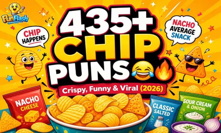 Funny chip puns illustration with crispy potato chips and viral captions design for social media 2026