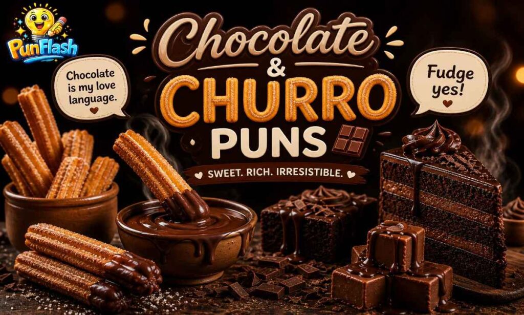 chocolate and churro dessert puns with melted chocolate, cakes, and sweet captions