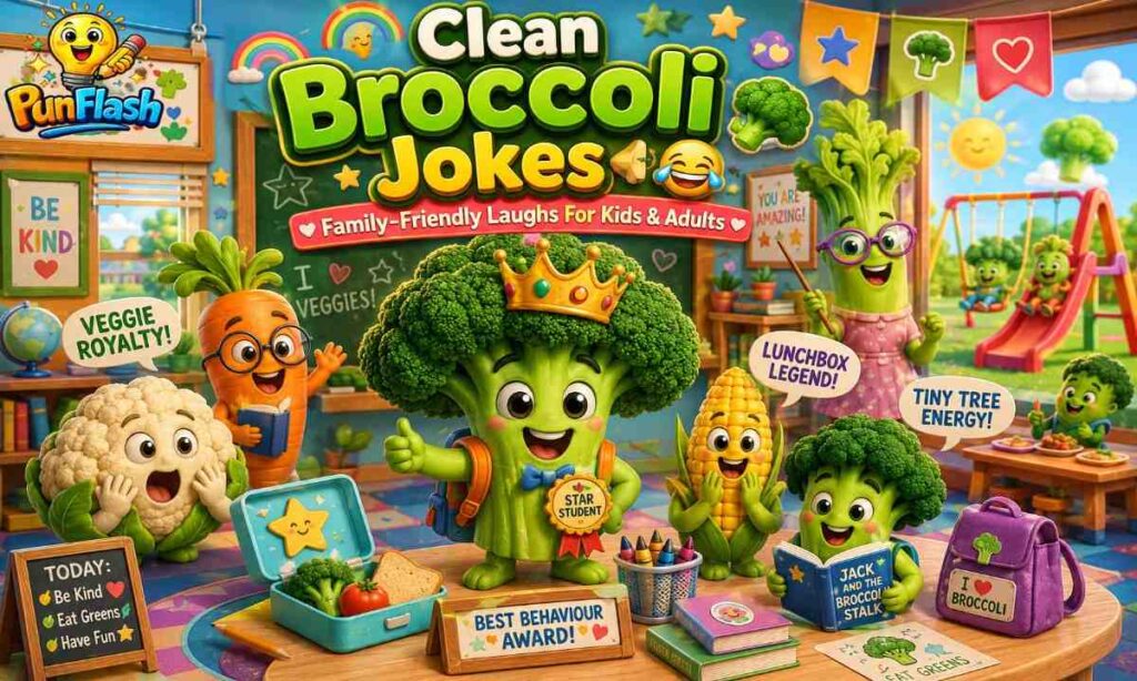 Cute cartoon broccoli kids in a colorful school classroom with clean family-friendly broccoli jokes and funny vegetable humor