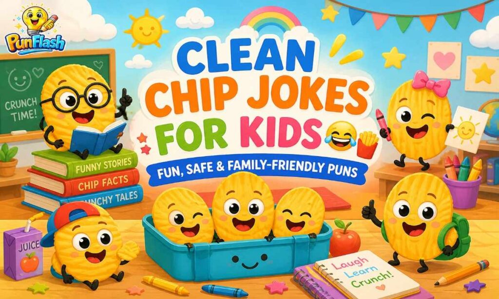 Clean chip jokes for kids illustration with cute potato chip characters and family friendly humor design