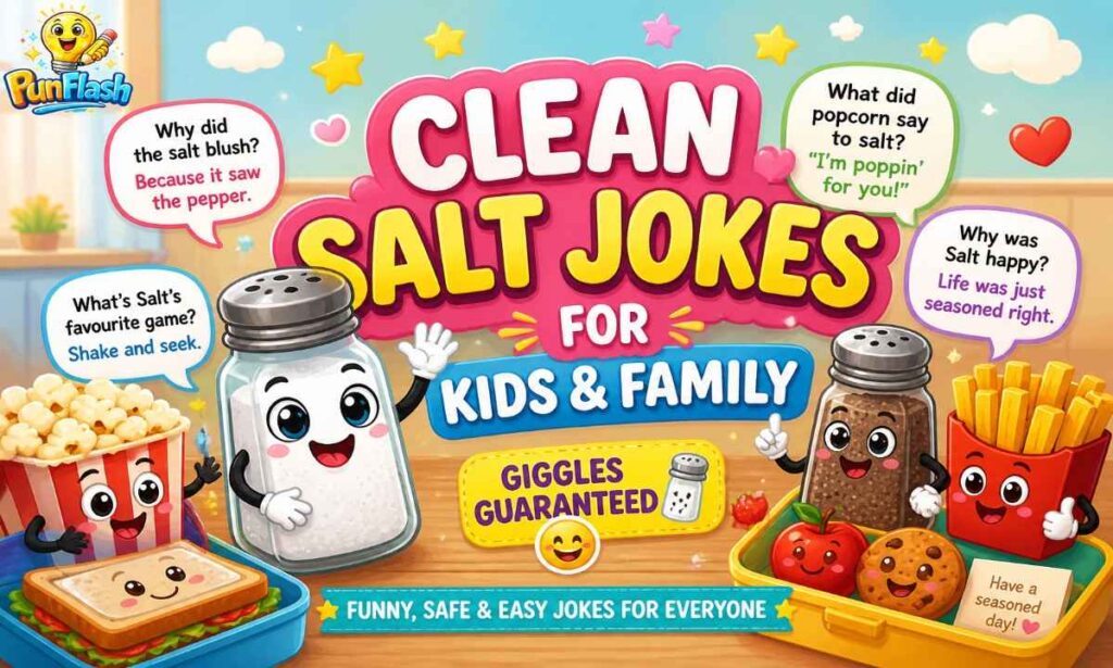 clean salt jokes for kids and family with cute cartoon salt shaker and funny safe humor for children