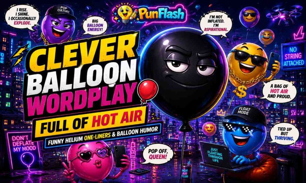 Clever balloon wordplay cartoon image with funny helium balloons, neon rooftop party, and comic humor expressions