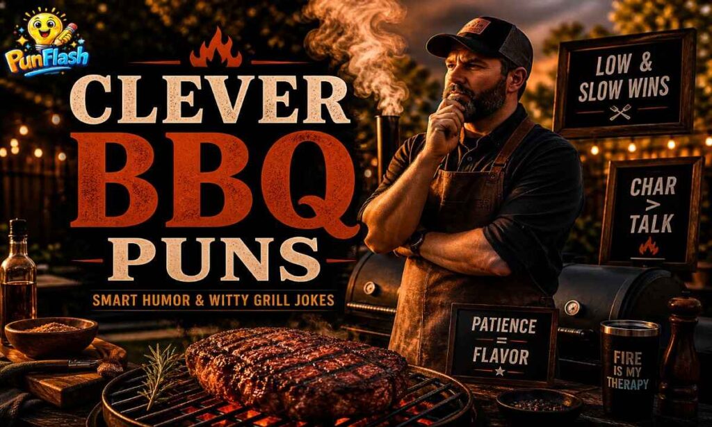 clever BBQ puns illustration with grill master, smoker grill and smart grilling humor captions