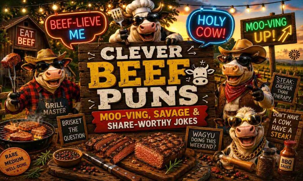 Clever beef puns image with funny cartoon cows, BBQ steaks, wagyu meat jokes, and humorous foodie wordplay