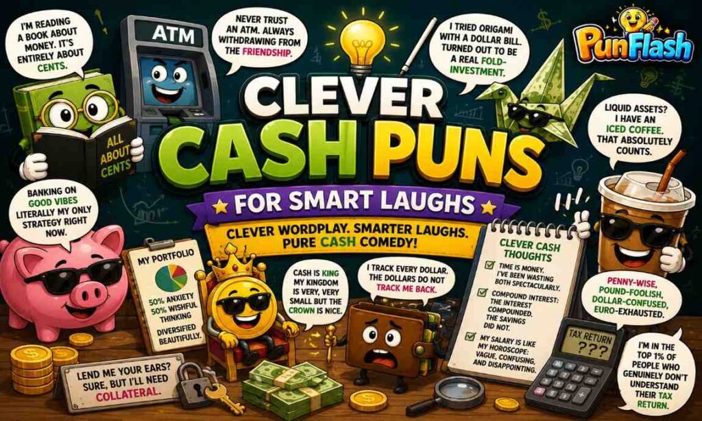 Clever Cash Puns for Smart Laughs featuring cartoon ATM, dollar bill origami, piggy bank, cash king, iced coffee, and witty financial wordplay illustration