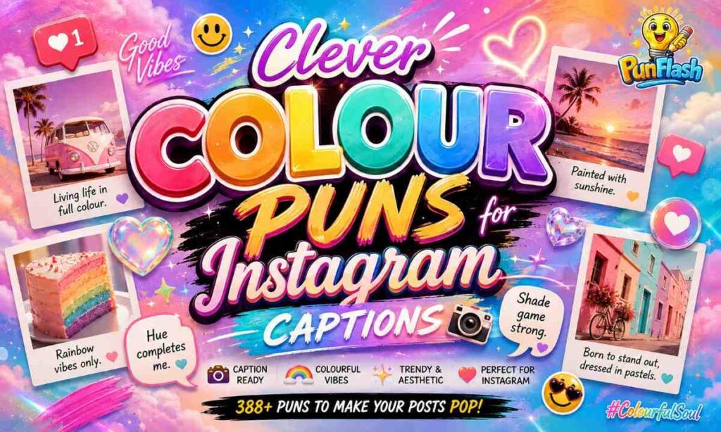 Instagram-inspired colour puns featured image with pastel gradients, rainbow typography, aesthetic doodles, social media elements, and trendy colourful caption design.