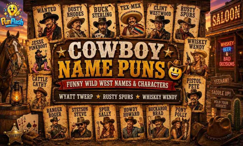 Clever cowboy name puns with funny wild west characters and western humor