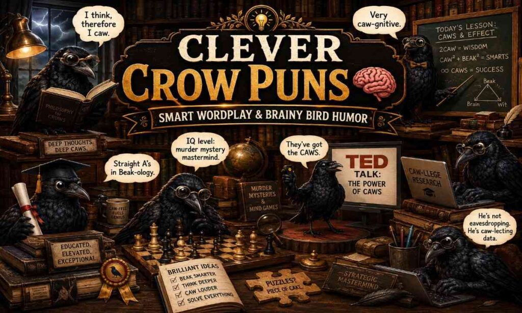 Funny intelligent crows in a vintage library solving puzzles and playing chess for a clever crow puns and smart bird humor article.