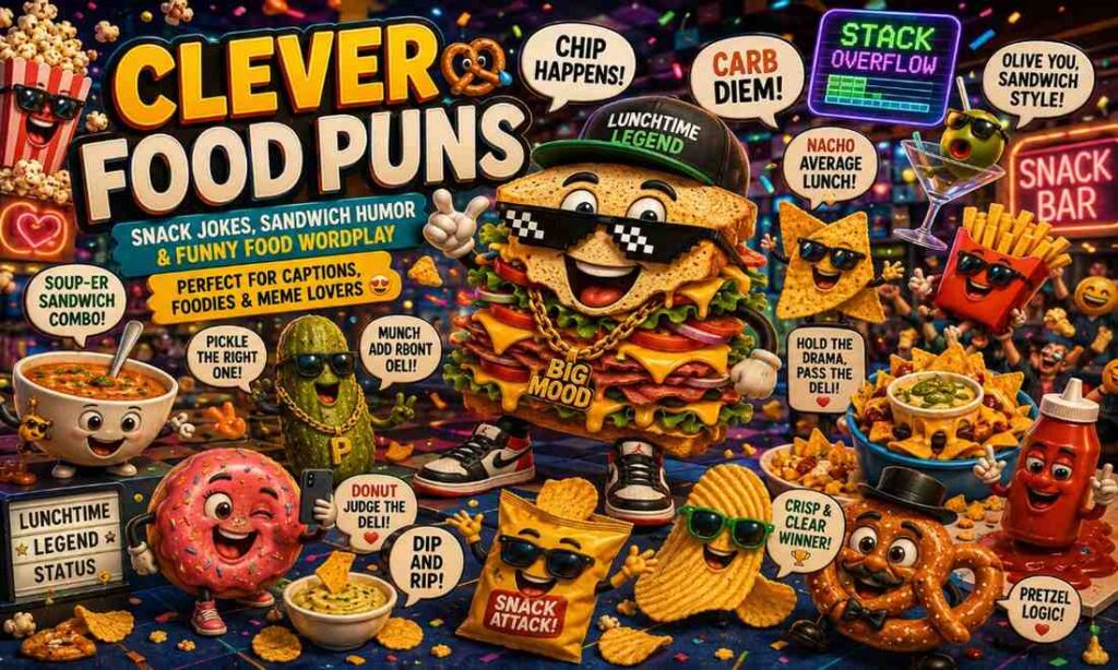 clever food puns with funny snack characters and sandwich comedy illustrations