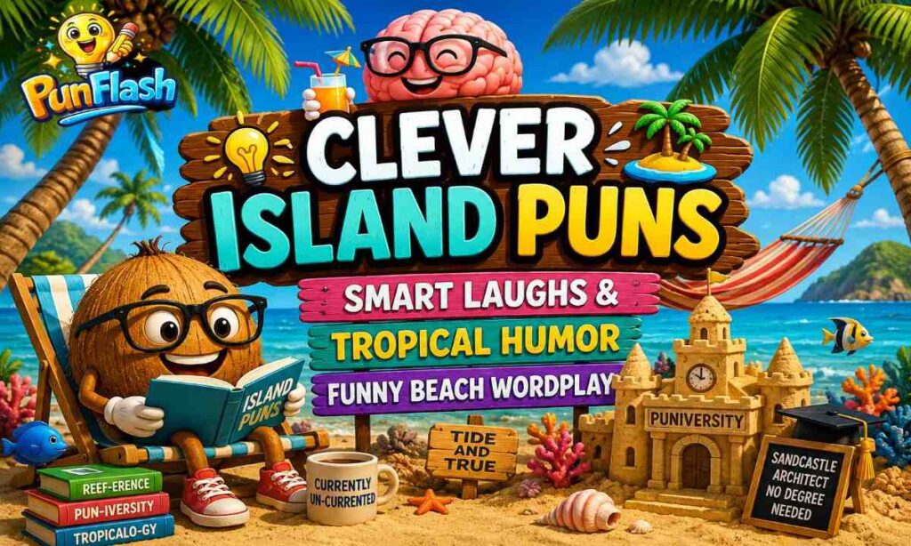 Clever island puns image with tropical beach smart humor