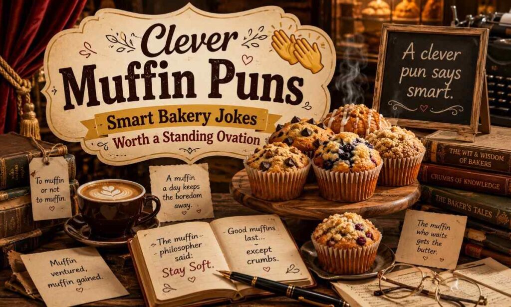 Clever muffin puns image with classy muffins, coffee, books, and witty bakery humor in a cozy cafe setting