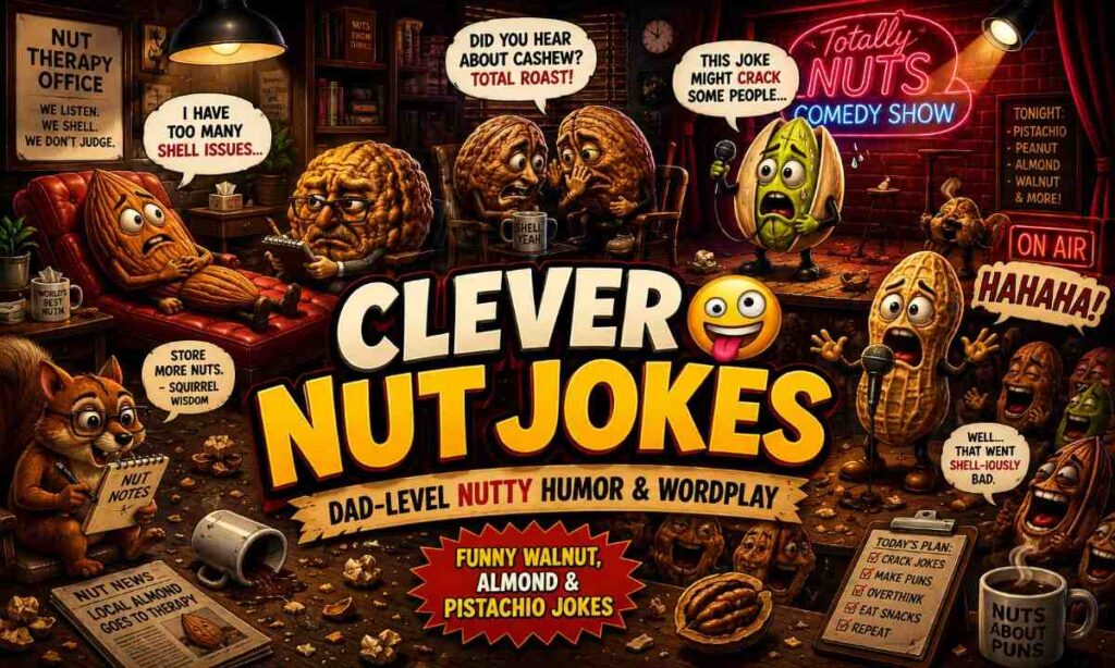 Clever nut jokes cartoon image with funny walnuts, almonds, peanuts, and pistachios acting inside a comedy therapy office scene.