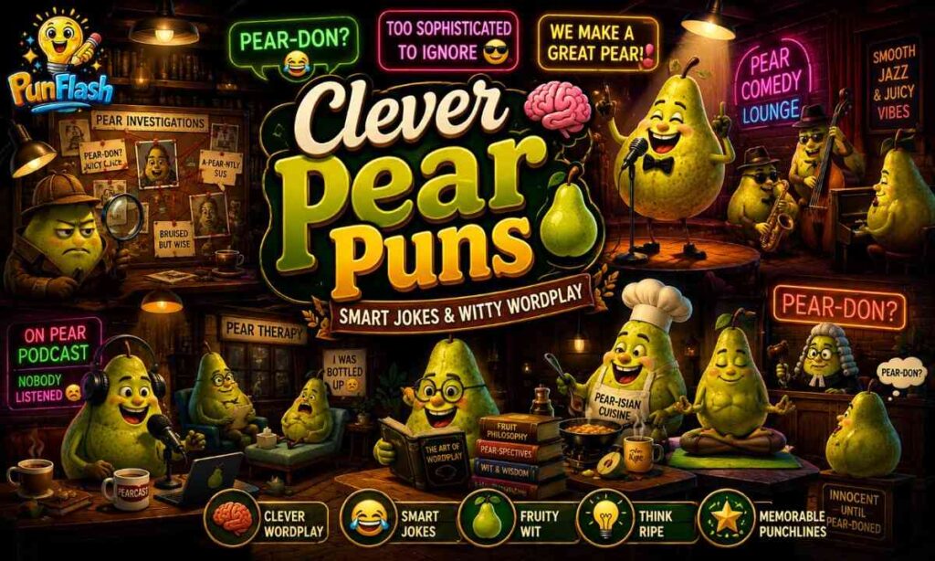 Funny animated pears performing stand-up comedy in a neon fruit comedy club for a blog about funny pear puns, fruit jokes, and juicy captions.