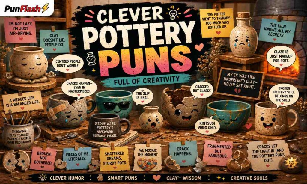Clever pottery puns illustration with creative clay humor ceramic pottery jokes cracked pottery art and funny pottery sayings