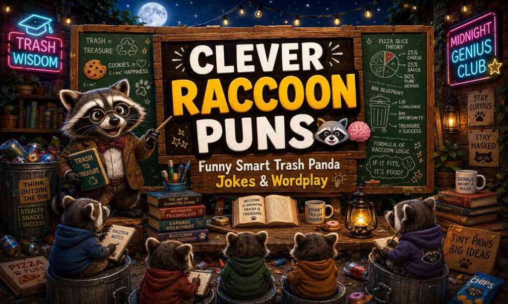 Funny smart raccoon professor teaching clever raccoon puns in a cartoon trash panda classroom scene
