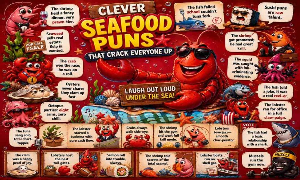 Clever seafood puns image featuring cartoon lobster, shrimp, crab, squid, sushi, and funny ocean jokes in colorful Pinterest-style comedy design.