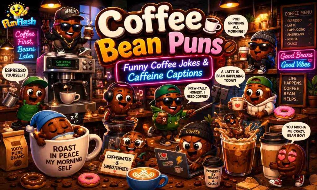 Funny coffee bean puns with cute cartoon coffee beans in a café
