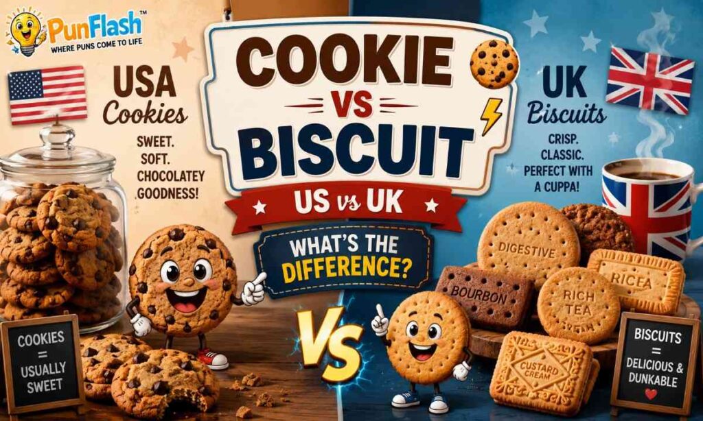 Cookie vs biscuit difference guide showing US cookies and UK biscuits with humor comparison