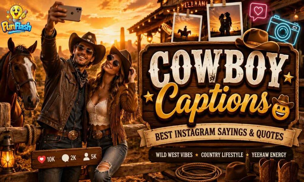 Cowboy Instagram captions and western quotes featured image with stylish cowgirl and cowboy aesthetic