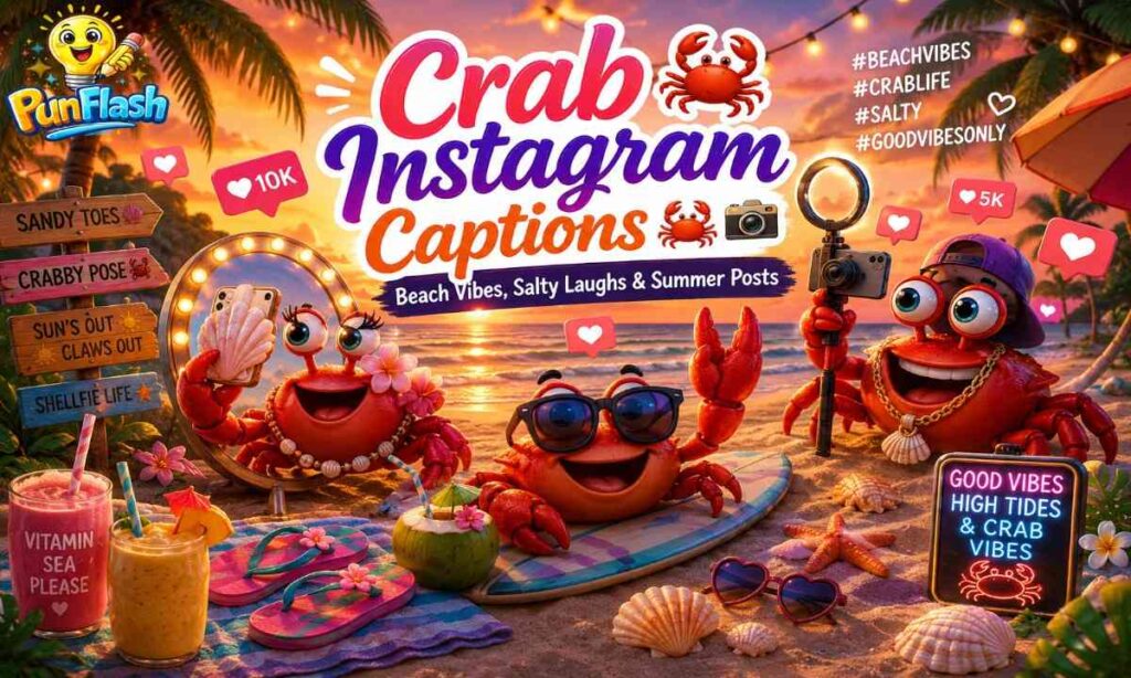 Crab Instagram captions image with cute cartoon crabs on a tropical beach taking selfies and posing for summer photos