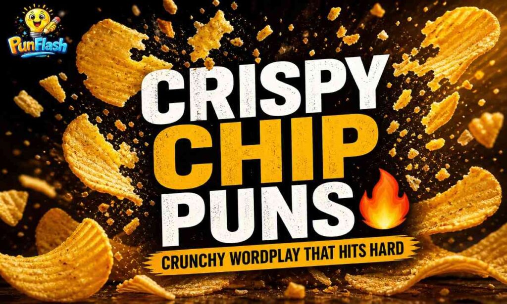 Crispy chip puns illustration with crunchy potato chips texture and dynamic crumbs for funny wordplay content