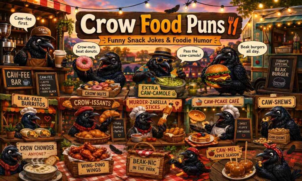 Funny cartoon crows serving snacks and coffee in a cozy outdoor food market for a crow food puns and foodie humor blog section.